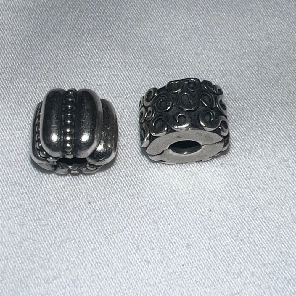 TWO Pandora Sterling Silver Clip Charms, Dots & Ridges, S Swirl, Retired - Picture 3 of 7
